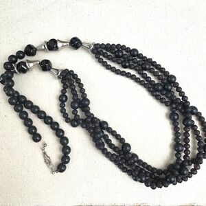 Vintage Mirabo‎ Signed Black Beaded Long Necklace Multi Strand Long
